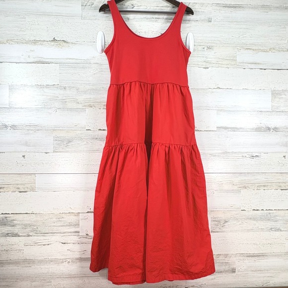 J.Crew Womens Red Tiered Mixed Media Midi Dress Sleeveless Pockets Size Large - Picture 2 of 11